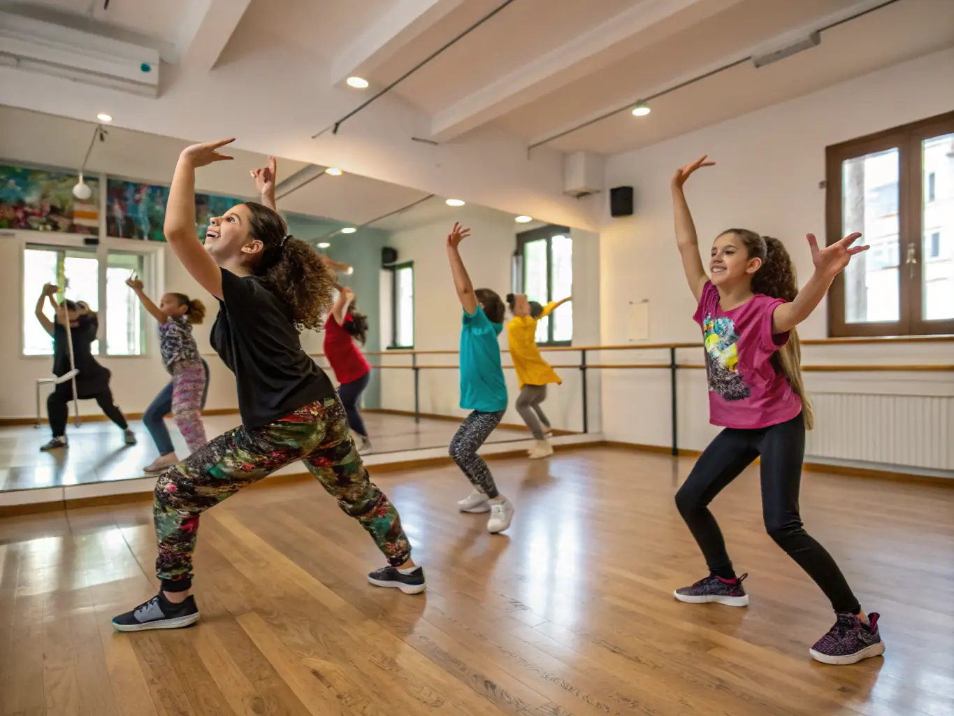 A vibrant photograph capturing a dance workshop in progress, with participants of various ages and backgrounds actively engaged in learning new dance steps, reflecting the inclusive nature of LOUDIA'S PERFORMER's educational programs.