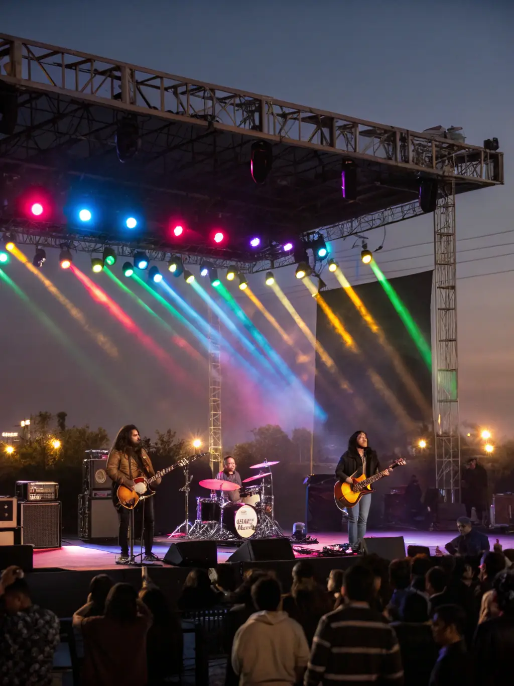 A vibrant photograph capturing a live music performance organized by LOUDIA'S PERFORMER, featuring a diverse group of musicians on stage and an engaged audience in the foreground.