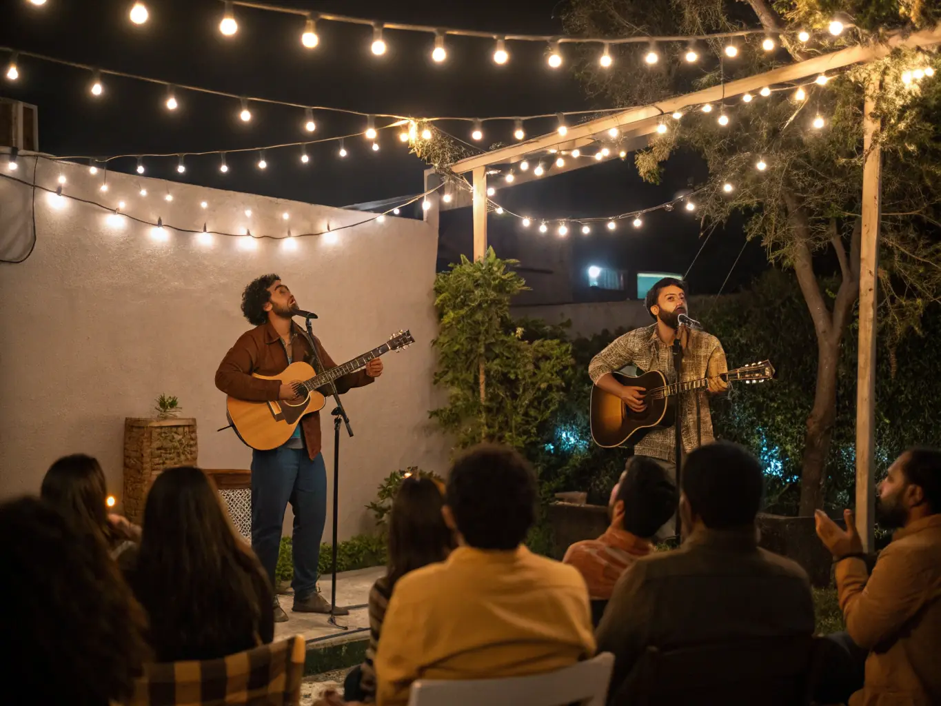 A dynamic image of a live musical performance featuring local musicians on stage, with the audience visibly enjoying the show, highlighting LOUDIA'S PERFORMER's commitment to showcasing local talent.