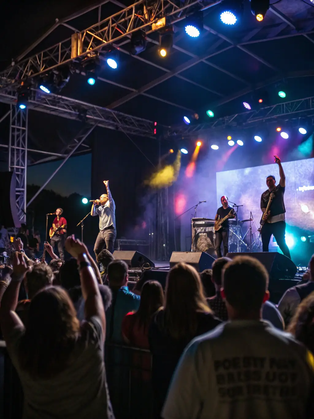 A vibrant photograph capturing a live music performance organized by LOUDIA'S PERFORMER, featuring a diverse group of musicians on stage, bathed in colorful stage lights, with an enthusiastic audience in the background.
