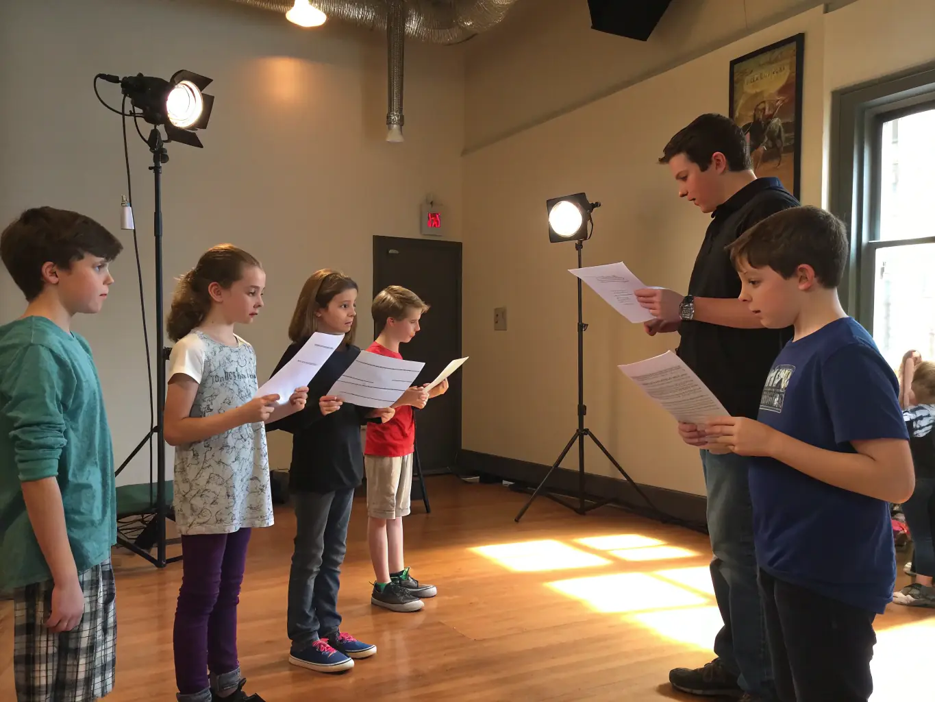 A heartwarming photo of children participating in a theater arts program, showcasing their creativity and enthusiasm as they rehearse a play, emphasizing LOUDIA'S PERFORMER's dedication to nurturing young talent.