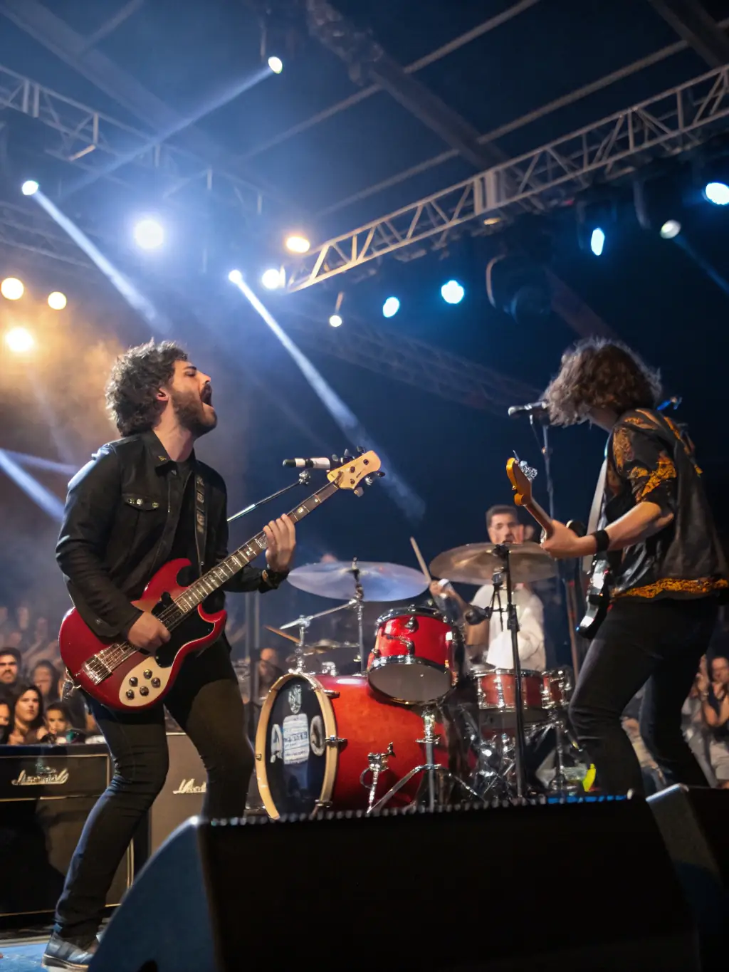 A vibrant photograph capturing a live music performance organized by LOUDIA'S PERFORMER, featuring a diverse group of musicians on stage and an enthusiastic audience.