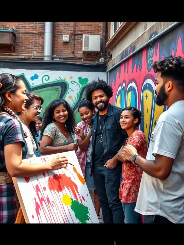 A heartwarming image of a community collaboration event organized by LOUDIA'S PERFORMER, showing artists and community members working together on a mural or art installation, fostering a sense of unity and creativity.